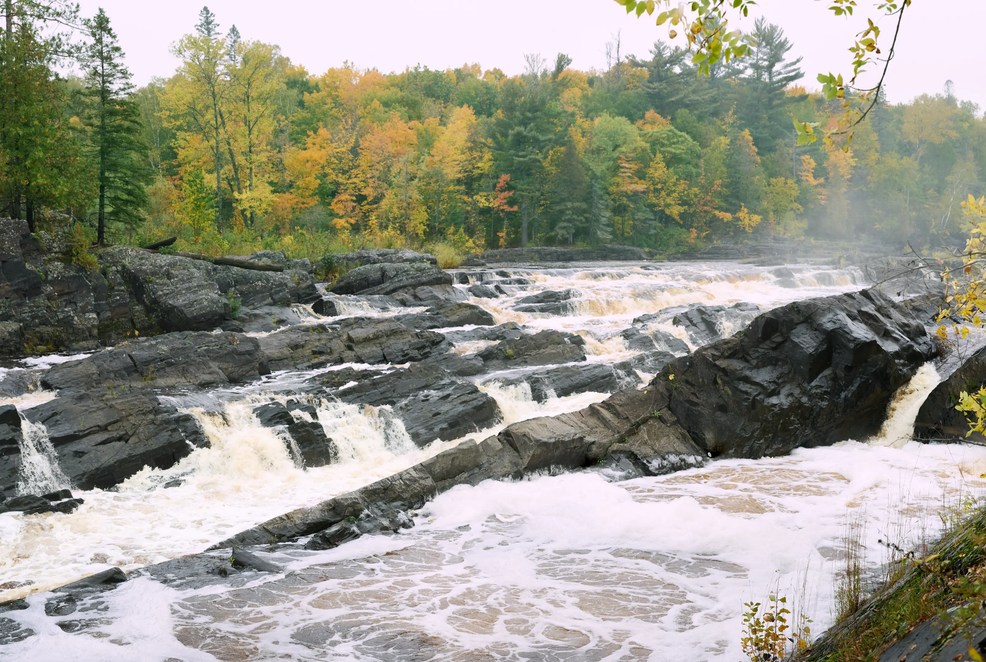 Dozens of small waterfalls crest over black rocks in the middle of a Minnesotan landscape.